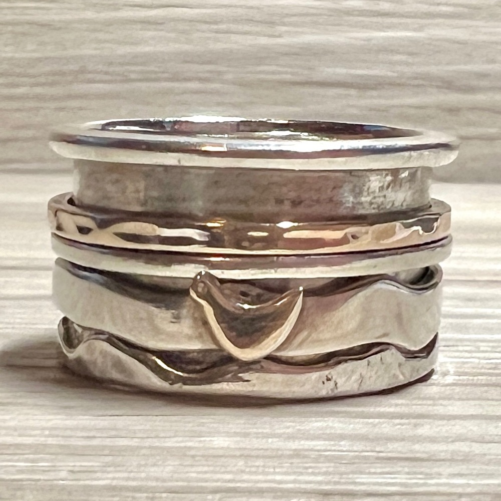 Vintage Designer (AIL) Sterling Silver & Gold Bird Wide Spinner Ring, Size 10